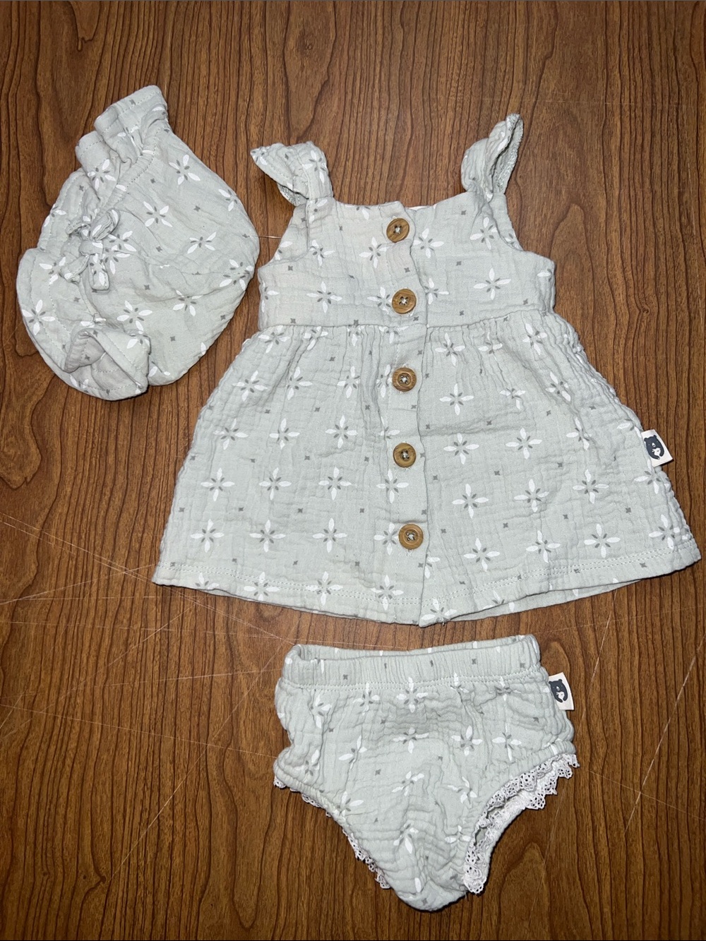 Babygirl Sleeveless Dress Set with Matching Hat in Light Sage Rabbit & Bear